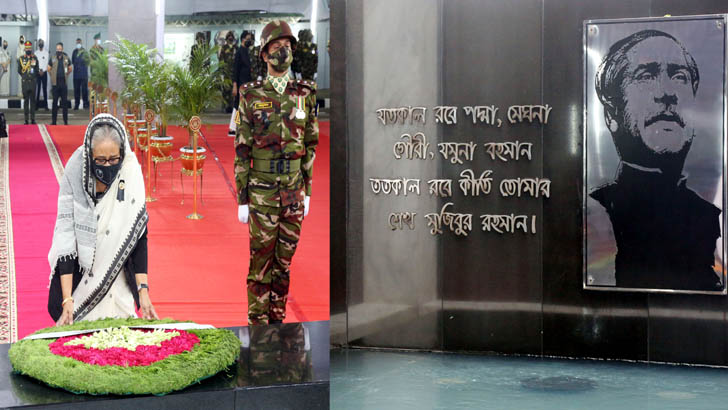 ধানমণ্ডিতে বঙ্গবন্ধুর প্রতিকৃতিতে প্রধানমন্ত্রীর শ্রদ্ধা নিবেদন